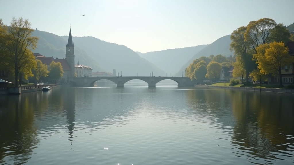 Vltava s mosty v dálce, řeka v létě, přímý pohled z břehu