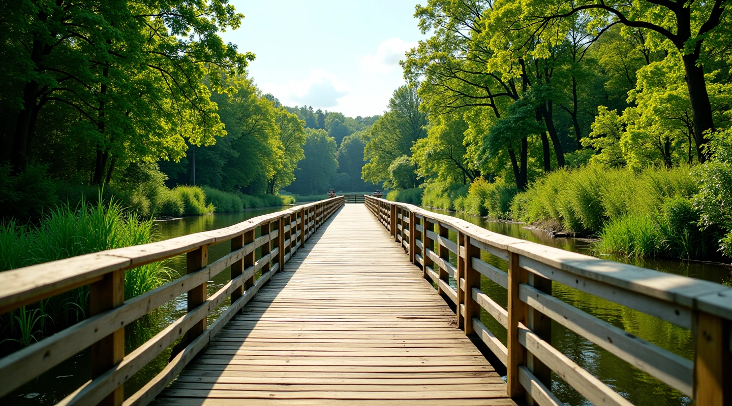 Dřevěná lávka přes řeku se zelení kolem v pražských ostrovech